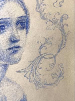 i chose blue because of cyanotypes. leave advice. i think i will stick to oil painting but i mainly wanted to do something with those things on the side with the leaves #artprocess #coloredpencil #colorpencil #classicalart #fyp #fypage #foryoupage #victorianera 