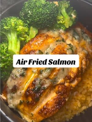 Airfried Salmon This air fryer salmon came out PERFECT! 😍 #airfried #airfriedrecipe #salmon #seafood #easydinner  Olive oil + butter Paprika Garlic powder Onion powder Black pepper Salt Old bay Sazon  Garlic butter Fresh parsley  400 for 15 minutes 