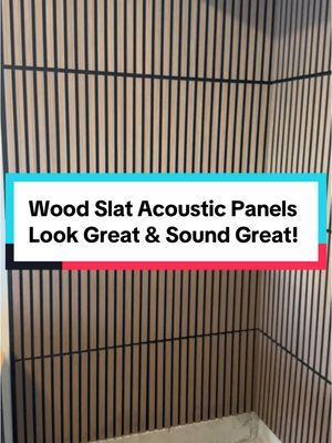 Get these wood slat acoustic panels. They look great and sound great for studios, home theater and more. #woodslatwall #acousticpanels #woodslat #acoustic 