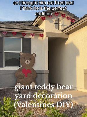 I’m making a GIANT teddy bear yard decoration. I’m decorating my house for Valentine’s Day - it started with the cutest red hearts and now I’ve made the cutest bear to go right with it! He’s almost 6ft tall and made out of 1/2” plywood. Would you decorate the outside of your house for Valentine’s Day? #DIY #yarddecor #diyyarddecor #valentinesdecor #valentinesyarddecor #giantteddybear #paintwithme 