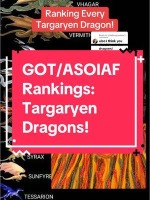 Replying to @thatdangyankee GOT/ASOIAF Rankings: Targaryen Dragons! #got #asoiaf #grrm #hotd #gameofthrones #asoiaftiktok #houseofthedragon #daenerystargaryen #balerion #drogon #rhaegal #viserion #syrax #caraxes #meleys #vhagar #sunfyre #asongoficeandfire 