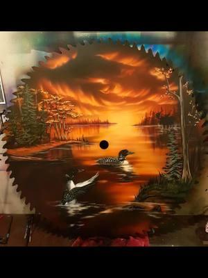 Throw back to when I painted this 28" sawmill saw blade #freehand #naturepainting #loons #northernpike #landscape #sunset #underwater #acrylicpainting #airbrushart #airbrush #createxcolors #handpainted #custompainted #sawpainting #wildlife #herefishyfishy 