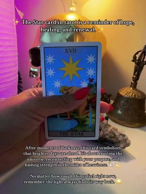 ✨ The Star card shines brightest in the darkest times. It’s a message of hope, healing, and faith in the future. 🌟 During heavy moments, it reminds us to trust the process and hold onto the light within ourselves. Brighter days are on the horizon. 🕊️ #TheStarCard #TarotWisdom #HealingEnergy #HopeAndFaith #TarotTok #SpiritualGuidance #RenewalJourney #InnerStrength