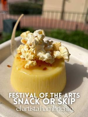 Snack or Skip at EPCOT International Festival of the Arts 🎨🖌️🖼️  El Artista Hambriento in Mexico SNACK* Carne Asada: Ancho-marinated beef sirloin with pasilla chile sauce, grilled queso fresco, nopales salad, and chicharron dust (New) $10.75 (DDP Snack Credit) SNACK Croqueta: Chipotle chicken and chorizo croquette in chipotle salsa with chipotle aioli, avocado mousse, and truffle oil (New) $8.00, (DDP Snack Credit) SKIP Natilla de Maiz: Creamy corn custard with caramelized sugar (New) $6.50 (DDP Snack Eligible) #epcot #festivalofthearts #mexicopavilion #disneyfoodie #waltdisneyworld #foodreview 