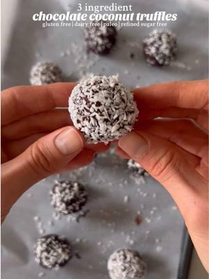 3 Ingredient Coconut Cream Chocolate Truffles! They’re gluten free, dairy free, and refined sugar free, and the perfect easy Valentine’s Day dessert. Ingredients •1/2 cup (4oz) canned coconut cream •5oz dark chocolate (I use dairy free & refined sugar free chocolate) •1/2 cup shredded, unsweetened coconut Instructions 1. Add 1/2 cup coconut cream to a saucepan and heat over low heat until hot. Once hot, turn off the heat/remove from the heat and add in 5oz chocolate. Mix the coconut cream and chocolate together until smooth then stir in 1/2 cup shredded coconut. 2. Allow the mixture to cool to room temperature then place in the fridge until the mixture is hardened. Once hardened, remove from the fridge and scoop the mixture into balls using a cookie dough scoop. 3. Roll into balls using the palms of your hands then coat each ball in shredded coconut flakes or dip in additional melted chocolate and sprinkle with shredded coconut. 4. Place the truffles on a tray lined with parchment paper and place in the fridge until fully hardened. Once hardened, dig in and enjoy! 5. Store leftovers in the fridge for up to 5 days or in the freezer for several months. #truffles #chocolatetruffles #chocolatecoconut #nobakedessert #vegandessert #refinedsugarfree #healthydessert #paleodessert #dairyfreedessert #vegantruffles #valentinesdaydessert 