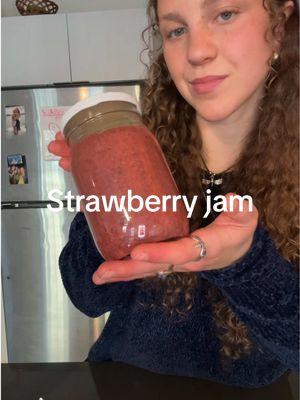 Strawberry jam!!!!🍓🍯🐝 - 2-3 cups of frozen strawberries  - 4 tbsp of chia seeds  - 3 tbsp raw honey  - 1 tbsp lemon juice  Steps: - cook frozen strawberries until all  are somewhat melted  - Smash berries until a puree is formed  - Lower the heat & add chia seeds  - Stir together & let simmer for about 2 minutes  - Add raw honey & lemon juice  - Simmer for about 5 minutes (until it’s a thickish texture) - Take off heat & let cool for about 10-15 minutes  - Transfer to a blender & blend until smooth - Store in a sealed container & put in the fridge!  #strawberryjam #healthyrecipes #breakfastideas #jamrecipes #fyp #wholefoods #refinedsugarfree 