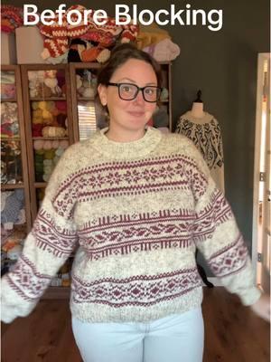 OBSESSED with the porcelain sweater!! #knitting #knittok #knitcolorwork #porcelainsweater #lionbrandwoolease #blocking #knitblocking 