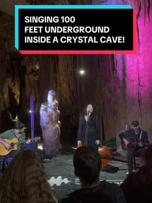 Like the Earth’s underground crystal cathedral! Singing 100 feet underground inside the Grand Caverns cave was truly spiritual! #calcite #crystalcave #crystals #spiritualtiktok #crystaltok #caves #cavesandcliffs #undergroundmusic 