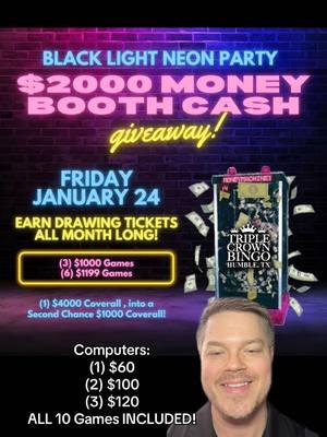 Hey Triple Crown! 👋 Join us this Friday night at Triple Crown Bingo, in Humble! 🕺💃 🚨We’re bringing in the MONEY MACHINE to give out $2000 in CASH! 🌪️ Catch what you can! 💰  BIG MONEY 🤑 Payouts! (3) $1000s (6) $1199s (1) $4000 Coverall into a 2nd Chance $1000 Winner! Computers: (1) $60 (2) $100 (3) $120 ALL 10 Games INCLUDED on the Computer, INCLUDING the $4000 Coverall! 🤩  Join us for some Glow in the Dark Bingo  FUN! Ages 7+ Welcome with a paid receipt! Come EARLY! You won’t want to miss this HUGE Event! ⏰  Games Start at 7:15pm! 210 W First Street Humble, TX 77338 #triplecrownbingo #houstonbingo #theultimatebingoexperience #bingo #thingstodoinhouston #bingogames #humblebingo 