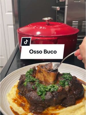 Osso Buco Recipe Ingredients:  2 beef shanks (seasoned with salt, pepper, garlic powder, onion powder, and a little adobo)  1-2 diced carrots  1/2 diced onion 1-2 diced celery stalks  1-2 tbsp tomato paste  3-4 garlic cloves  Fresh thyme  Italian seasoning  1/2 bottle red wine  32 oz beef broth  2 bay leaves  Butter  Directions:  Cut 3 sears on each side of the beef shanks. This prevents it from curling up. Or tie with butchers twine.  Season, sear on both sides. Remove from Dutch pot. Add veggies, onion, garlic. Sauté until softened. Add tomato paste, then red wine, let simmer a few minutes. Then add beef broth. Return beef shanks to the pot. Add aromatics like thyme, bay leaves. Cover and simmer for 2 1/2-3 hours at 375. Then lower to 350 and cook another 30 minutes.  Remove beef shanks from pot without falling apart. Strain liquid through a sieve removing the veggies. Add liquid to a pot, simmer on medium low. Once reduced add a couple tablespoons of butter adding one at a time. Add liquid and beef shanks back to Dutch pot. Simmer in liquid on low heat about 5 more minutes. Taste and season more if needed.  Gremolata:  Chop parsley, zest one lemon, add 1-2 tbsp of olive oil. Top over beef shanks.  #ossobuco #italianfood #dinnerwithme #dinnerformyfamily #beefrecipe #comfortfood #datenightathome #restauranttiktok #chefrecipes #chefsrecipes #yummyfoodideas #cooking #best 