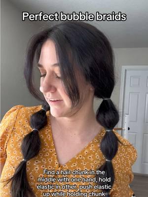 Instead of pulling and fluffing, find a hair chunk on the inside, hold it in one hand and the elastic in the other. Push elastic up while holding middle chunk down. And you have the perfect bubble braid every time! #hair #hairhack #bubblebraid #bubblebraids #hairtutorial #hairstyle #hairtok