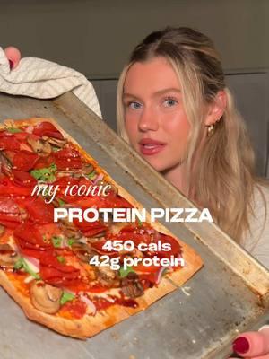 My ✨iconic✨ protein pizza recipe 👇🏼 WHAT YOU’LL NEED: - one lavash bread (I use the brand Joseph’s)  - about 1/3 cup pizza sauce  - 1/2 cup FAT FREE mozzarella  - 1/4 cup regular fat mozzarella  - seasonings of choice  - any veggies of choice (I use spinach, onion, tomato, and mushroom)  - one serving of TURKEY pepperoni (16 slices)  - any additional toppings of your choice (I use balsamic glaze and red pepper flakes)  INSTRUCTIONS:  1. Preheat oven to 375 degrees F 2. Place one lavash bread on a baking sheet 3. Top with sauce, seasonings, cheese, veggies, and turkey pepperoni 4. Cook for 7-12 minutes (keep an eye on it!)  5. Top with any additional toppings  6. Enjoy! 😋  #proteinpizza #proteinrecipe #highproteinrecipes #highproteinpizza #healthypizza #lowcalrecipes #cookwithme #mealpreprecipes #proteinhacks 