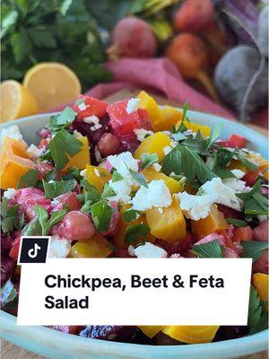 This chickpea, beet & feta salad is a vibrant blend of flavors and textures, marrying the earthy sweetness of beets with the creamy richness of feta cheese, all tied together with a zesty lemon-garlic dressing. If you have the time, you can roast or steam your own beets or, to keep prep fast and simple, opt for precooked beets found in the produce section of well-stocked grocery stores. Ingredients - 3 tablespoons extra-virgin olive oil - 2 1/2 tablespoons lemon juice - 1 medium clove garlic, grated - 1/2 teaspoon dried oregano - 1/4 teaspoon plus 1/8 teaspoon salt - 1/4 teaspoon ground pepper - 2 cups diced cooked beets (about 8 ounces) - 1 15-ounce can no-salt-added chickpeas, rinsed - 1 medium carrot, chopped  - 1/3 cup crumbled feta cheese - 1/4 cup finely chopped red onion - 1/4 cup chopped fresh parsley Directions: Whisk oil, lemon juice, garlic, oregano, salt and pepper together in a large bowl. Add beets, chickpeas, carrot, feta, onion and parsley; toss to coat.  To access the recipe on our website, go to our profile then click the likeshop link. From there, click on the image that corresponds to this video. #fyp #beets #beetsalad #feta 