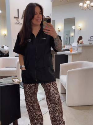 Who remembers the old school 90s salon smocks?! I think I might start wearing mine 🤣 Also these pants are only $8 ?! Are you actually kidding me??  For those who will ask: I’m 5’3, I ordered a Medium and I’m usually a size 4 or 6 🥰 @Social Salon @Lisett Gonzalez Padilla #salonstyle #hairstylistsoftiktok #hairstylistlife #OOTD #cheetahprint #cheetahpants #leopard #leopardprint 