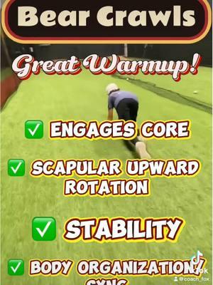 Bear Crawls check a lot of boxes for body prep and warmups. I really like incorporating these for throwing athletes due to scap mobilization. It's generally an easy application for beginners, but it also can quickly show any issues with mobility, core engagement, stability, and body organization. #warmups #warmupexercise #exercise #exercisetips #baseball #softball #training #baseballtraining #athletedevelopment 