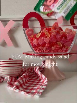 Candy salad: Valentines edition. A fun pink and red snack for movie night this weekend. #valentines #valentinessnacks #toddlermom 