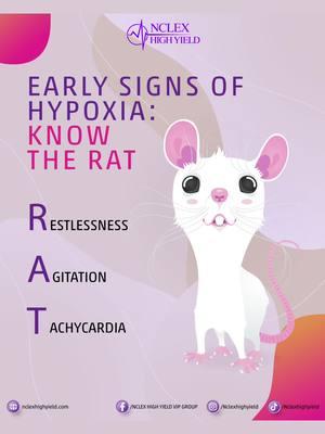 Know the RAT!  Restlessness, Agitation, Tachycardia – early signs of hypoxia to watch for. Stay alert and act fast! #nursingtips #hypoxiasigns #earlywarningsigns #patientcare #nurselife #criticalcarenursing #respiratorycare #nursingeducation #nclexprep #nursingknowledge #clinicalskills #emergencynursing #healthcareprofessionals #medicaltips #nursingstudents #stayalert #savelives #nursetips #hypoxiaawareness #vitalsigns