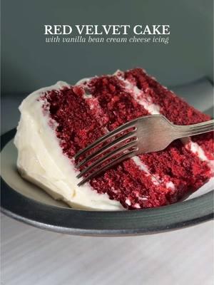 This red velvet cake is another recipe from our mom’s white binder filled with her favorite recipes. It is three layers of tender, velvety cake with cream cheese icing in between each layer. The cake is the perfect vanilla cake with buttermilk and a hint of cocoa powder. Full red velvet cake recipe linked in bio ! Ingredients Red Velvet Cake: 3 ¾ cups cake flour 445 grams 2 ½ cups granulated sugar 500 g 2 tablespoons cocoa powder 18 g 1 ½ teaspoon baking soda 2 teaspoons salt 1 tablespoon vanilla bean paste or 2 teaspoons vanilla extract 1 ½ cup buttermilk 3 eggs 2 cups neutral oil 1 ½ teaspoon vinegar 2 oz red food dye ¼ cup hot water Cream Cheese Icing: 1 stick butter 113 g or 1/2 cup 1 stick cream cheese 226 g or 1 cup ¼ teaspoon salt ½ teaspoon almond extract optional 1 tablespoon vanilla bean paste or 1 teaspoon vanilla 3-4 cups powdered sugar depending on how stiff you want the icing . . . #redvelvet #redvelvetcake #redvelvetcake🍰 #redvelvetrecipe #redvelvetcakerecipe 