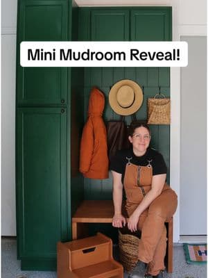 Everything is better mini, especially this mini mudroom! I’m so excited to partner with @Rust-Oleum to unveil their Color Watch 2025 palette! 🎨 # ad  This year’s focus is all about biophilic design, bringing the calming essence of nature into our homes. For this mini mudroom transformation, I used:  🌲 Forbidden Forest Cabinet Transformations Kit for the built-in cabinet—a bold, nature-inspired green that creates a tranquil vibe  🖤 Universal Venetian Bronze on the hardware for a timeless finish  🍂 2X Ultra Cover Warm Caramel (2025 Color of the Year!) on the stool for a cozy, earthy accent  🌾 Varathane Early American stain on the bench to highlight the natural beauty of the wood This space now blends functionality with warmth and serenity, giving us the perfect retreat for everyday life. ✨  Looking to transform your home with these colors? Rust-Oleum’s palette makes it easy to stay on-trend while staying true to your personal style. What would you update first? Let me know below!  #RustOleumPartner #ROColorWatch #BiophilicDesign #SprayNewLife