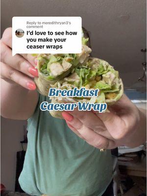 Replying to @meredithryan3  Ingredients: Wrap of choice 3-4 oz grilled chicken chopped small 1/2 romaine head 2 Tbsp dressing split  4 Parmesan crisps or a sprinkle of shaved parm #chickencaesarsalad #chickencaesarwrap #breakfast 