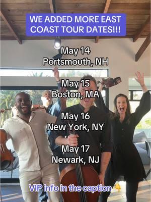 New East Coast tour dates announced! And this time, we have a VIP Soundcheck Experience for you... May 14 - The Music Hall - Portsmouth, NH May 15 - The Wilbur - Boston, MA  May 16 - The Concert Hall at New York Society for Ethical Culture  - New York, NY May 17 - Victoria Theatre at NJPAC - Newark, NJ When you upgrade to our VIP Soundcheck Experience, you get:  • Intimate soundcheck performance of songs • Q&A Session • Group photo • Commemorative VIP Laminate • First access to merchandise and a 20% off coupon redeemable at this show only • Early entry into the venue Sign up for the presale code at the ticket link in our bio! Tickets on sale Jan 30th.  #concertdates #newshows #OnTour 