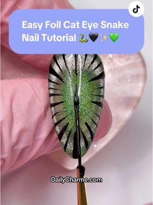 Easy Cat Eye Snake Nails 🐍✨🖤 A sleek & cool look perfect for Lunar New Year too 💚  💅 Everything used for this look is from the brand Daily Charme & is listed below. All goodies are available now in our TikTok shop or via the 🔗 in bi0 💖 Save & share for inspo! Using @daily_charme: ✨ C30 Watermeowlon ✨ C01 Sunshine ✨ 001 Perfect Black ✨ Strong Cat Eye Magnet Cylinder ✨ Cat Eye Magnet Cylinder Wand ✨ Art Liner DC Nail Art Brush ✨ 04 Texture DC Nail Art Brush ✨ Exotic Pythons Nail Art Foil Box ✨ Foil Transfer Gel ✨ 5-in-1 Strengthening Gel ✨ Diamond Shine Top Coat ✨ Almond Medium Clear Charme Gel Tips #snakeprintnails #cateyenails #greennails #blacknails #coolnails #foilnails #lunarnewyearnails #dailycharme #easynails #nailtutorial #diyart #trendynails #glamorousnails #pythonprintnails #almondnails #3dnails #diynails #nailtutorial #foilnails #nailtech #howtonails #nalinspo #lunarnails #almondnails #yearofthesnake 