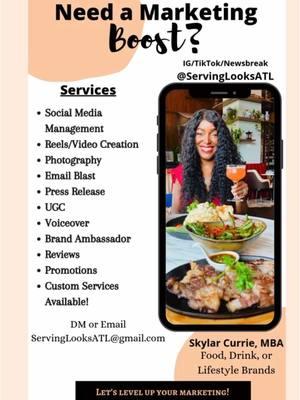 ✨ Allow me to re-introduce myself! ✨ Hey there! I’m Skylar Currie, CEO & Founder of Serving Looks ATL: Digital Marketing, based in Atlanta. 🎯 I’m all about creating captivating organic content for food, drink, and lifestyle brands. With 51+ million views across my channels, I help brands shine with fresh ideas and innovative strategies. 💡 At Serving Looks ATL, we offer: ✅ Custom Content Creation ✅ Social Media Management ✅ Targeted Advertising ✅ Press Releases, Email Blasts, and more! Here’s a little about me: 🎓 MBA Grad from Louisiana Tech University 👩🏽‍🎓 Certified in Women’s Entrepreneurship (Cornell University) 🏆 Completed Chase for Business Coaching for Impact ❤️ Delta Sigma Theta Sorority, Inc. 💍 Millennial in my 30s, happily married for 1.5 years 💌 Let’s work together! Whether you need UGC, reels, brand ambassadorship, or full social media management, I’ve got you covered. What’s one big marketing goal you’d love to crush in 2025? Let’s chat about how I can help you make it happen! Check out my media kit at ServingLooksATL.com or DM me @ServingLooksATL. Let’s level up your marketing in 2025! 🚀 . . . . #ServingLooksATL #DigitalMarketing #AtlantaInfluencer #atlantafoodie #ContentThatWorks marketing agency influencer marketing Atlanta food and drink branding social media management