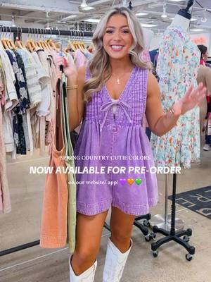 PRE-ORDER NOW AVAILABLE for our lavender, orange, or sage Country Cutie Romper on our website and mobile app! 💜🧡💚 (product is tagged at the top of our What’s New tab!) 🫶 #romper #denim #denimromper #countrycutie #shopwhiskeydarling #colorful 