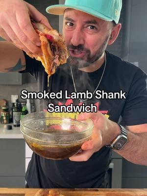 smoked Lamb shank sandwich on Matnaksh bread. This is the ultimate comfort food sandwich! . What am I missing on this? . #chefarazada #armenianchef #pulledsandwich  #lambsandwich #toorshi #matnakash #lambshank #frenchdip #sando #asmr 