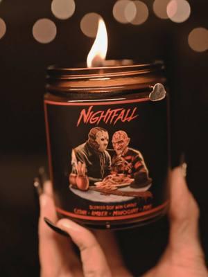 Nightfall Freddy Loves Jason 9oz Soy Wax Candles are available now and shipping out daily. Candles are a Cedar + Amber + Mahogany + Pine scent in a glass amber jar with a screw on lid. #nightfall #nightfallclothingco #freddykrueger #jasonvoorhees #nightmareonelmstreet #anightmareonelmstreet #fridaythe13th #candle #candles #soycandle #soywax #soywaxcandles #soywaxcandle #customcandles #customcandles #horror #horrorart #ladyandthetramp #horrorartwork #horrorcommunity #horrorfan #horrorfans #freddyvsjason