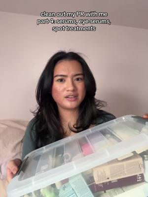 part 4 (1/2) of me cleaning out my pr and we’re doing the serums/eye products/spots treatment products 🙂‍↕️ i only did the products that aren’t in boxes and the video is already really long… this bin is basically my largest 😅 #CleanTok #cleanwithme #decluttering #declutter #prpackages #skincareproduct #acneskin #skinfluencer #skincarecreator #contentcreator #foryou #fypage #asian #filipino #newyork 