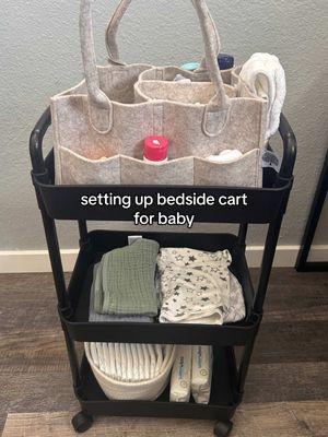 setting up my bedside cart for baby 🤍  #bedsidecart #bedsidecartforbaby #newborn #babymusthaves #fyp #momtok #motherhood #postpartumjourney #postpartum 