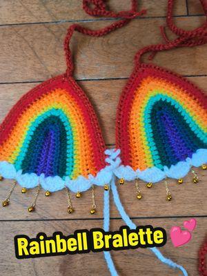 rainbell tops, yes the bells work and make noise ! skirt is also available rts and custom options are open for both styles 🌈❤️✨ tutorials on my Patreon  #vacationoutfits #beachfashion #crochetfashion #crochetoutfit #crochet #fiberartist #ethicallysourced #sustainableart #ecofriendly #ecofriendlyart #fiberart #crochettok #rainbows 