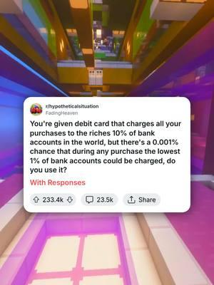 you’re given a debit card that charges all your purchases to the riches 10% of bank accounts in the world but there’s a 0.001% chance that during any purchases the lowest 1% of bank accounts could be charged, do you use it? + responses included #reddit #storytime #redditreadings #renatusnetwork #money #fypシ 