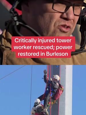 A man working on a cell phone tower in Burleson was critically injured Friday after officials say they accidentally came into contact with a high-voltage power line. So that the rescue could continue safely, Oncor turned off power at the substation at about 1 p.m. As of 3 p.m., Oncor said only about 100 customers remain without electricity.  #oncor #electricity #burleson #firefighters #rescue #dfw #news #fortworth 