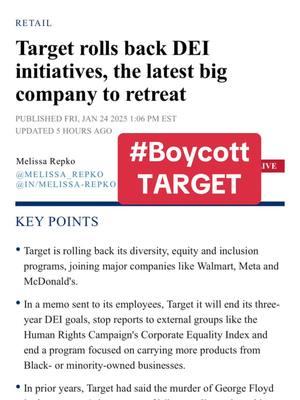 Target rolls back DEI initiatives. Target is rolling back its diversity, equity and inclusion programs, joining major companies like Walmart, Meta and McDonald's. In a memo sent to its employees, Target it will end its three-year DEI goals, stop reports to external groups like the Human Rights Campaign's Corporate Equality Index and end a program focused on carrying more products from Black- or minority-owned businesses. #targetrollsbackdei #boycotttarget #boycott #fyp 