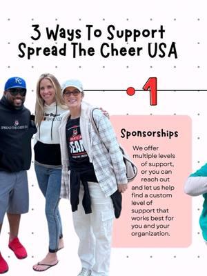 3 ways you can support Spread The Cheer USA right NOW! ❤️ Have you ever wondered how you can help with Spread The Cheer USA’s mission? Now is your chance to find out! We offer many opportunities for anyone to contribute to our mission.  You can help by… 🤝 Sponsorships: Help become an official sponsor for Spread The Cheer USA. We offer multiple levels of support, or you can reach out and let us help find a custom level of support that works best for you and your organization. 🫶 Volunteering: “It takes a village.” These words could not ring truer. Find out how you can help us reach those in need in your area or how you can help at one of our many events. We are always looking for those with special skill sets and a willingness to help. 💲Donations: Through the generosity of others, we are able to help bring some much-needed relief to those less fortunate. We accept all types of donations. From monetary support to helping us acquire things in need. See how you can help. Interested in supporting Spread The Cheer USA? Click the link in our bio and click “How To Make A Difference” to start TODAY! Your support means the world to us. ❤️ #spreadthecheerusa #nonprofit #makeadifference #generosity #kindess #spreadpositivity #sponsorships #volunteering #donations #support #givingback 