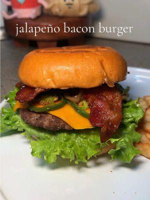 so simple yet so delicious! a burger will never disappoint 😋🍔 ingredients: - hamburger patties (85/15 beef) - kinders salt, pepper and garlic seasoning - jalapeños cooked in oil - American or cheddar cheese slices - brioche buns - toppings of choice  sauce: - 1 cup mayo - 1/4 cup ketchup - 1-2 tbsp mustard - paprika, onion powder, garlic powder and salt to taste  #creatorsearchinsights #thingstocook #dinner #DinnerIdeas #EasyRecipe #recipes #burger #burgerrecipe #baconburger #cheeseburger #hamburger #cooking #fyppage 