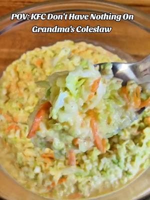 Grandma's Coleslaw Recipe Ingredients: For the slaw: 1 medium head of green cabbage, finely shredded 1 medium carrot, grated 1/2 small onion, grated (optional) 1/3 cup + 1 Teaspoon  mayonnaise 2 tbsp vinegar 1 tbsp mustard 2 1/2 tbsp granulated sugar 1/2 tsp Tony's Creole (or to taste) 1/4 tsp black pepper 1 Tablespoon Hot Sauce ( optional but recommended ) For extra kick Instructions: 1. Prepare the vegetables: In a large mixing bowl, combine the shredded cabbage, grated carrot, and onion (if using). Toss to mix evenly. 2. Mix together the mayonnaise, vinegar, yellow mustard, sugar, Tony's Creole or salt, pepper and hot sauce until combined.  4. Chill: Cover the bowl and refrigerate for at least 1 hour before serving to allow the flavors to meld. 5. Serve: Give the coleslaw a quick stir, taste, and adjust seasoning if needed. Serve cold as a side dish or put it your  🌭. That's that Memphis thang!  ENJOY #fyp #southern #coleslaw #memphis #Recipe #southernfood #bbq #hotdogs #sidedish #itsasouthernthing #creatorsearchinsights 