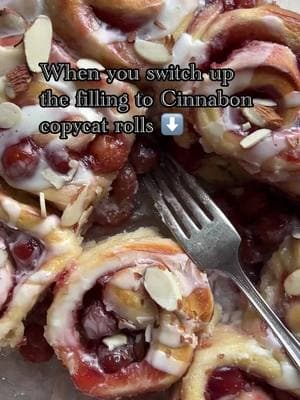 We took our viral Cinnabon copycat rolls and switched up the filling! What is in them?? Sour cherry filling with almond glaze 😍 This is a recipe you can only get in our cookbook! And they would be perfect for Valentine’s Day 💕🍒 And if you make any of our cinnamon rolls, share a pic and tag us to be entered in our #baketheseasons challenge each month to win!!  #cinnamonrolls #cherry #cherryalmond #cookbook #sweetrolls 