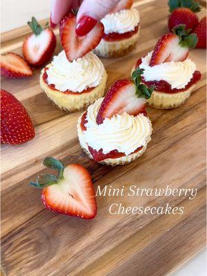 Mini Strawberry Cheesecakes! A delicious personal dessert for Valentine’s Day! 🍰🍓♥️ Ingredients for Cheesecakes: - 12 whole graham crackers, crumbled - 6 Tbsp butter, melted - 16 oz cream cheese  - 3 large eggs  - 14 oz sweetened condensed milk  Ingredients for Strawberry Sauce - 1 lb strawberries, rinsed, hulled, and halved - 1/3 cup granulated sugar - 1 Tbsp lemon juice Ingredients for Toppings: - 1 cup heavy whipping cream  - 1/2 tsp vanilla  - 1 Tbsp granulated sugar  - Strawberries, halved  Directions: 1. First make the strawberry sauce by heating strawberries, sugar, and lemon juice in a saucepan. Reduce heat and simmer 20-30 minutes or until sauce has thickened, stirring occasionally. Remove from heat and refrigerate.  2. Preheat oven to 350°F. In a bowl, combined graham cracker crumbs and melted butter. Line a standard muffin tin with paper liners and divide crumbs between 24 liners. Press crumbs into liners using a spoon.  3. In a bowl, add cream cheese and 3 eggs. Beat until smooth, scraping down the sides a few times. Add condensed milk and mix until blended.  4. Divide filling evenly between cupcake liners, filling until 3/4 full. Bake in preheated oven 15-18 minutes or until set. Remove from oven and let cool to room temperature. Then refrigerate until chilled.  5. Meanwhile, make whipped cream by combining heavy cream, vanilla, and sugar until fluffy.  6. Top cheesecakes with homemade strawberry sauce, whipped cream, and a halved strawberry. Enjoy!  #minicheesecakes #strawberrycheesecakes #ValentinesDay #valentines #vdayrecipe #valentinestreat #valentinesdayrecipe #minicheesecake #strawberrycheesecakerecipe #cheesecakerecipe #vdaycheesecake #valentinescheesecake #valentinesrecipe #valentinetreat #vdaydessert #valentinesdessert #fyp 