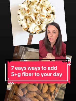 7 ways to add 5+ g fiber to your day for blood sugar management! 1) Kind Zero Bar (6g fiber) 2) 1 medium pear (5.5g fiber) 3) 1 cup raspberries (8g fiber) 4) 1 Tbsp chia seeds (5g fiber) 5) 2 Tbsp peanut butter + medium apple (6g fiber) 6) 3 cups air popped popcorn + 1oz almonds (7g fiber) 7) 1/4 cup guacamole (8g fiber) #milknhoneynutrition #diabetes #bloodsugar #type1 #t1d #type1diabetes #type2 #t2d #type2diabetes #prediabetes #bloodsugarfriendly #fiber