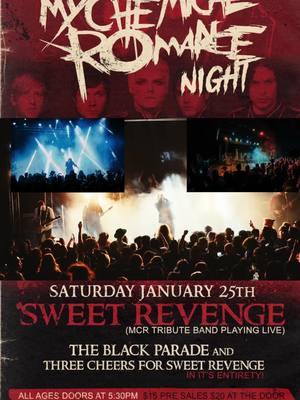 🚨🚨🚨TONIGHT IS THE NIGHT!🚨🚨🚨 Catch @Sweet Revenge (mcr tribute band) playing Three cheers for sweet revenge + the black parade in their entirety! Openers @Reissued  A night full of emo & most of MCR’s songs for all of us MCR fans 🥀🖤 tickets at the door $20 ea. *TICKETS ARE CASH ONLY* ALL AGES SHOW!!! Doors at 5:30 show starts shortly after, can’t wait to see you all there in your best gear 🦇 @Jerry’s Pizza Bakersfield #stagefrightclothing #bakersfield #mychemicalromance #emo #emonight #downtownbakersfield