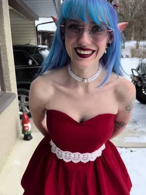 Rex got very frosty this year in the snow!❄️ Visiting Mom was a blast, a great place to rest and get some content done! #winter #fyp #cold #snow #pretty #bluehair #chilly #foryou #fairy #ice #reddress #funny #outfit #dress #magic 