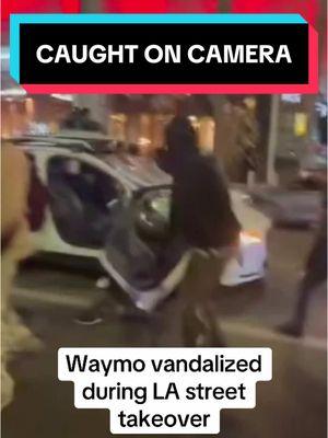 🤖🚗 WAYMO VANDALIZED 🚨 A Waymo self-driving vehicle was vandalized during a street takeover near the Beverly Center early Saturday morning. People were seen jumping on the vehicle, smashing its windows, removing emblems and damaging the overall structure. The LAPD is investigating and asking for tips. Are street takeovers getting out of control in L.A.? #Waymo #StreetTakeover #LosAngeles #LAPD #crime #crimetok #caughtoncamera #sideshow #la 