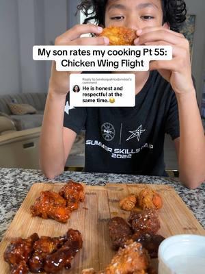 Replying to @londonpatricelondon My son rates my cooking Part 55: Chicken Wing Flight #foodreview #foodrating #cookingathome #wings #chickenwings #mukbang 