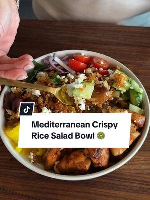 We'll have crispy rice, chicken, cherry tomatoes, cucumber, red onion, olives, feta, and a drizzle of dressing, please! What's going in your bowl? 🥗 Chicken: 1 1/4 pounds boneless skinless chicken thighs, cut into 1-inch pieces 4 tablespoons olive oil, divided, plus more for frying 2 teaspoons Greek seasoning, divided 1/2 teaspoon paprika 2 cloves garlic, minced 1/4 teaspoon kosher salt Dressing: 1/4 cup olive oil 1 tablespoon red wine vinegar 1 tablespoon banana pepper brine 2 teaspoons honey 1 teaspoon Dijon mustard 1/4 teaspoon dried oregano 1/4 teaspoon kosher salt 1/4 teaspoon black pepper 1/4 cup water Rice Bowls: 3 cups cooled cooked rice 1 tablespoon soy sauce 1 cup cherry tomatoes 1 cup sliced, quartered English cucumber 1/2 cup thinly sliced red onion 1/2 cup banana pepper rings 1/2 cup chopped parsley 1/2 cup Kalamata olives 1/2 cup crumbled feta cheese Directions: Preheat the oven to 400°F (200°C). Lightly grease or line a baking sheet with parchment. Combine chicken, 1 tablespoon oil, 1 teaspoon Greek seasoning, paprika, garlic, and salt in a bowl; stir to coat. Set aside. For dressing, whisk olive oil, vinegar, brine, honey, mustard, salt, and pepper in a small bowl; set aside. Mix rice, soy sauce, 3 tablespoons olive oil, and 1 teaspoon Greek seasoning in a bowl. Spread onto the baking sheet. Bake until crispy and lightly browned, about 40 minutes. Heat oil in a skillet over medium-high heat. Add chicken and cook undisturbed until browned, 3–4 minutes. Stir and cook until browned and cooked through, about 4 minutes more. Deglaze with water, stir, and remove from heat. To serve, divide chicken, veggies, crispy rice, feta, and dressing among 4 bowls. 🧑‍🍳: @NicoleMcLaughlin  #crispyrice #easydinners #easylunch #chicken #ricebowl