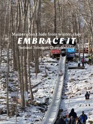 One of Maine’s best winter traditions takes place from Jan 31-Feb 2, the 34th annual U.S. National Toboggan Championships in Camden, Maine! 🛷 It is believed to be the only organized traditional wood toboggan race in the country – possibly in the world.  Hundreds of toboggans race down the 400-foot-long chute in a quest for the fastest time, spiraling out onto the frozen Hosmer Pond, sometimes as far as a quarter mile! It’s a festive winter weekend full of excitement and enthusiasm. Make new friends by the fire or try to work your way into one of the many ice fishing tailgate huts. You can always stop by the tent for beer, mulled wine or a nice cocktail from Hunt & Alpine too (liquid courage if you’re competing!). This tradition truly embodies the Maine spirit and is a fun, free event for the whole family, so bundle up and check it out! If you’re looking for a place to stay for the weekend, I’d suggest 250 Main Hotel, Rockport Harbor Hotel, The Quarters, and 16 Bay View. 🛎️ #maine #mainetravel #mainetok 