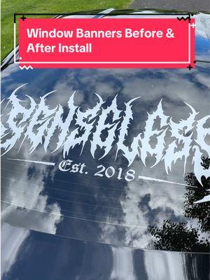 Senseless Car Window Banners before and after they are installed! Which one is your favorite? Make sure to check out our shop for more vinyl window banners, vinyl car stickers, and other car window banners! #windshieldbanner #vinylbanner #vinylstickers #windowbanner #carstickers #tiktokshopfinds #stickerinstall 