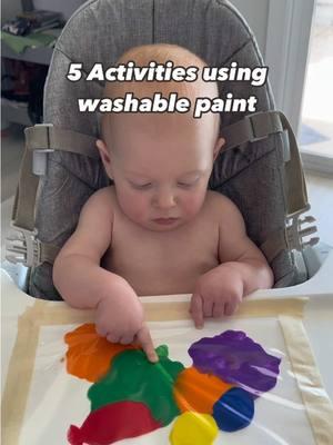 5 fun paint activities using washable paint! Good for all different ages, wipes away easily with just water, doesn’t stain furniture or clothes! Washable paint and a paper roll of staples in our house, so many opportunities to play with very little prep or clean up. Comment “paint” for more info on these activities! #paintingwithkids #toddleractivities #activitiesforkids #artforkids #montessoriplay #sahm #toddlerart #handsonlearning 